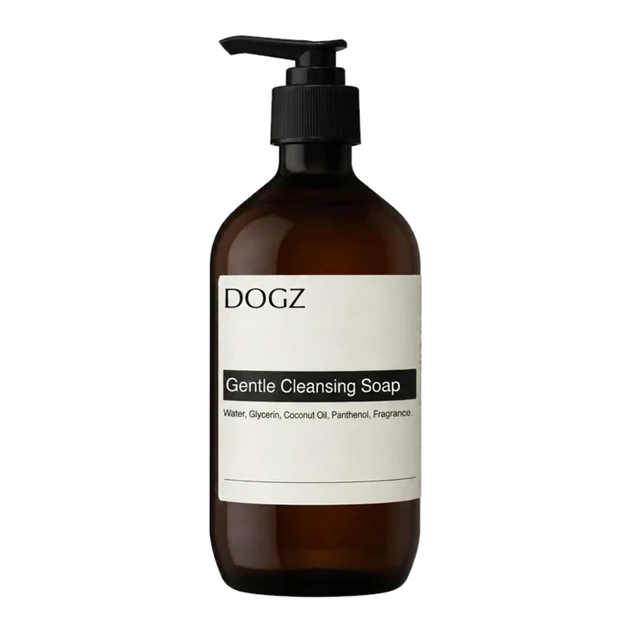 Large amber glass pump bottle of liquid soap